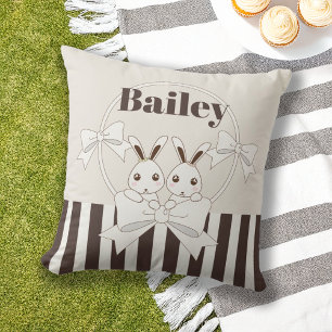 Classic Modern Stripe Cute Bunny Girl Kids Name Cushion