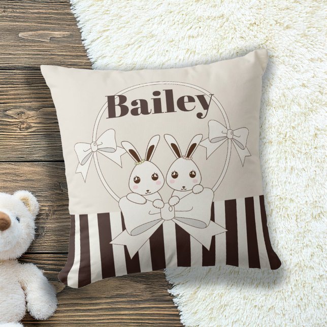 Classic Modern Stripe Cute Cartoon Twin Bunny Kids Cushion (Creator Uploaded)