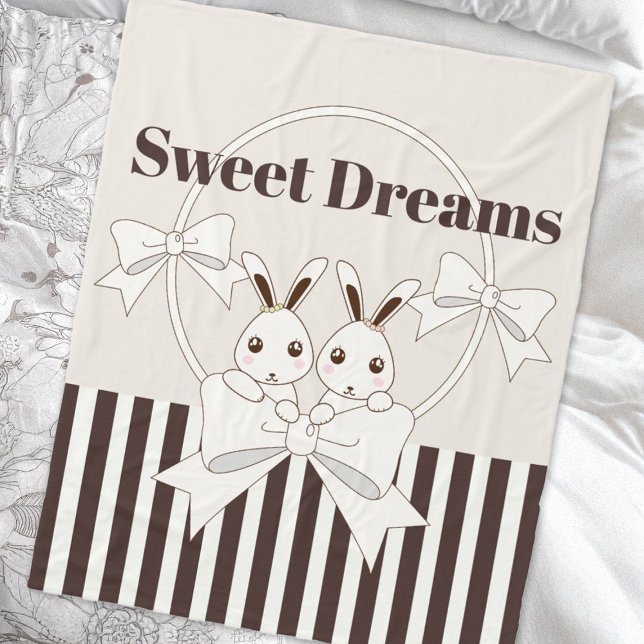 Classic Modern Stripe Cute Twin Bunny Kids Girl Fleece Blanket (Creator Uploaded)
