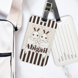 Classic Modern Stripe Cute Twin Bunny Kids Luggage Tag