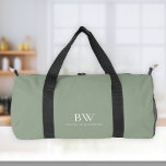 Classic Modern Stylish Sage Green White Monogram  Duffle Bag<br><div class="desc">This stylish,  modern personalised duffel bag features a classic serif monogram and sans serif name in white on a sage green background.</div>