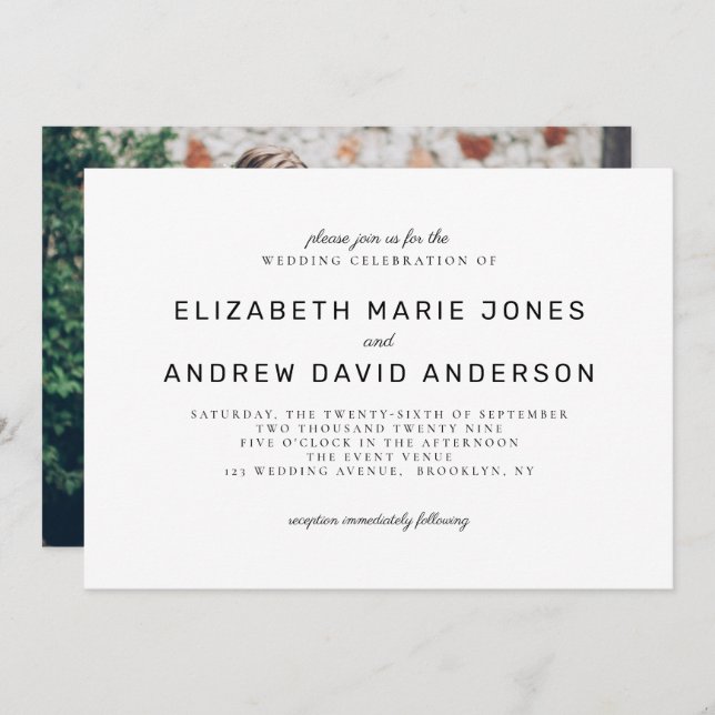 Classic Modern Timeless Black White Photo Wedding Invitation (Front/Back)
