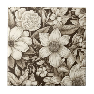 Classic Monochrome Floral with Vintage Mood Ceramic Tile