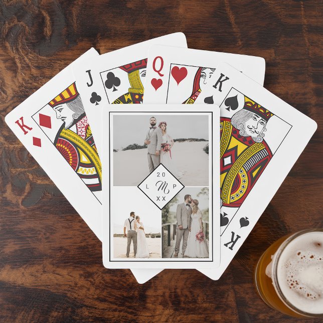 Classic monogram 3 photo grid collage wedding playing cards (Classic monogram 3 photo grid collage wedding poker cards)