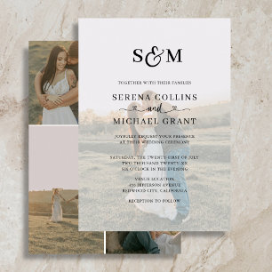 Classic Monogram 5 Photo Heart Script Wedding Invitation