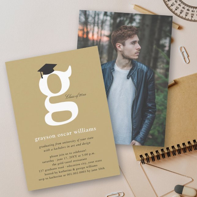Classic Monogram Alphabet g Photo Graduation Party Invitation (Classic Monogram Alphabet 'g' Photo Simple Graduation Party Invitation @ zazzle.com/color_therapy)