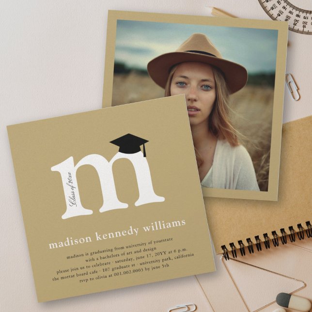 Classic Monogram Alphabet M Photo Graduation Party Invitation (Creator Uploaded)