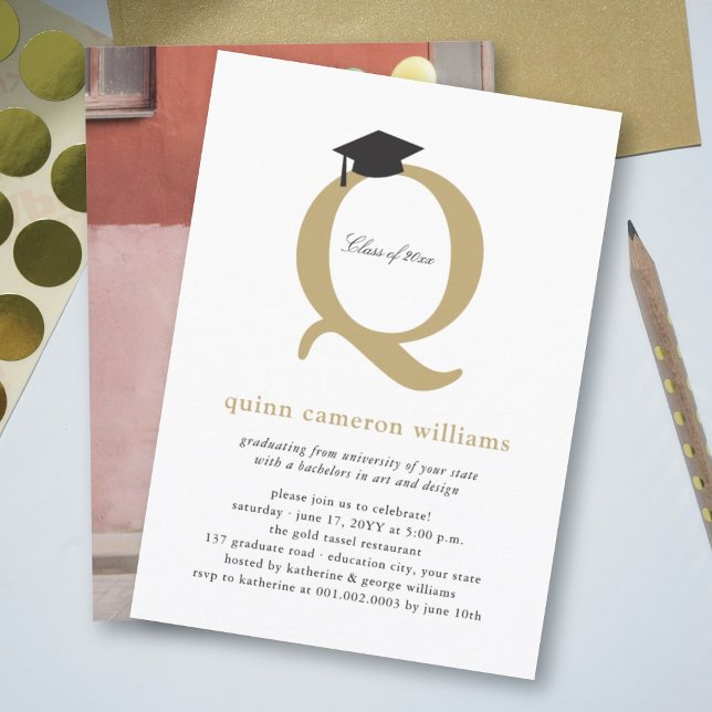 Classic Monogram Alphabet Q Photo Graduation Party Invitation (Creator Uploaded)