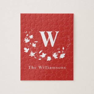 Classic Monogram and Name Red Floral Wreath Custom Jigsaw Puzzle