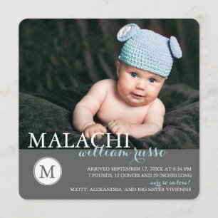 Classic Monogram Baby Boy Birth Announcement