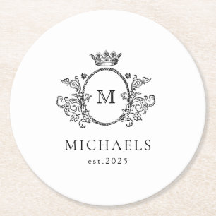 Classic Monogram Black and White Round Paper Coas Coaster