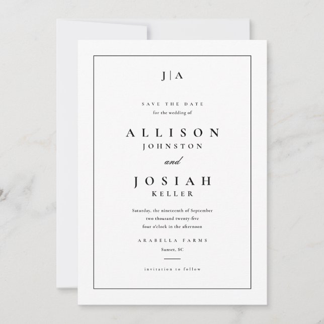 Classic Monogram Black and White Wedding Save The Date (Front)