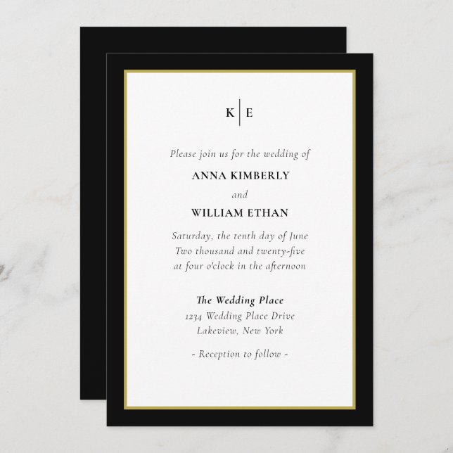 Classic Monogram Black Gold Wedding Invitation (Front/Back)