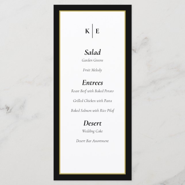 Classic Monogram Black Gold Wedding Menu Card (Front)