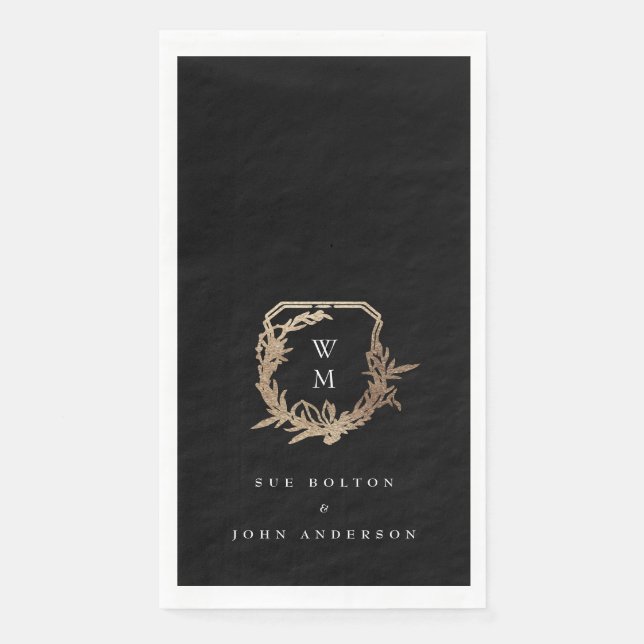 classic monogram black white gold motif crest napkin (Front)