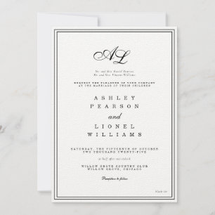 Classic Monogram Black & White Traditional Wedding Invitation