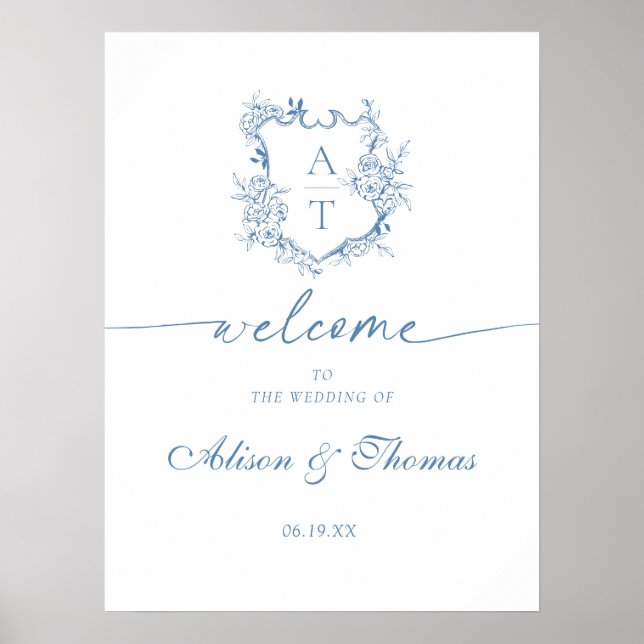 Classic Monogram Blue Wedding Welcome Poster (Front)