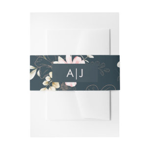 Classic Monogram Blush Floral Blue Wedding Invitation Belly Band