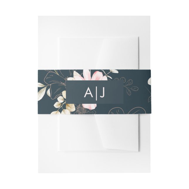 Classic Monogram Blush Floral Blue Wedding Invitation Belly Band (Front Example)