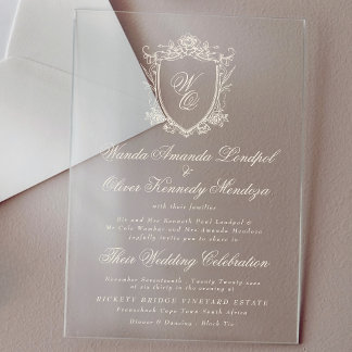 Classic Monogram Charcoal Floral Crest Wedding Acrylic Invitations