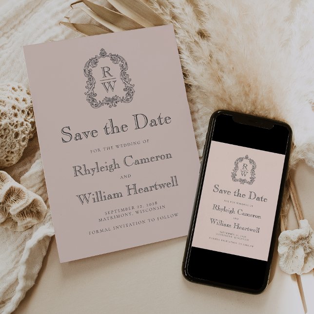 Classic Monogram Crest Blush Pink Wedding Save The Date (Creator Uploaded)
