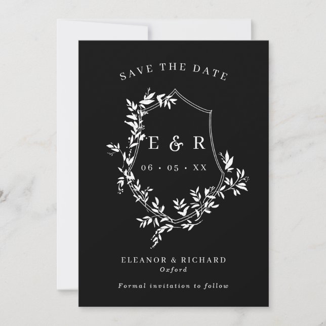 Classic Monogram Crest White on Black Wedding  Save The Date (Front)
