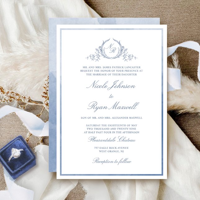 Classic Monogram Dusty Blue Watercolor Wedding Invitation (Creator Uploaded)