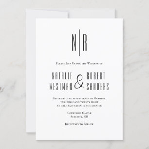 Classic Monogram Elegant Black White Wedding Invitation