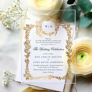 Classic Monogram Elegant Gold Crest Wreath Wedding Acrylic Invitations