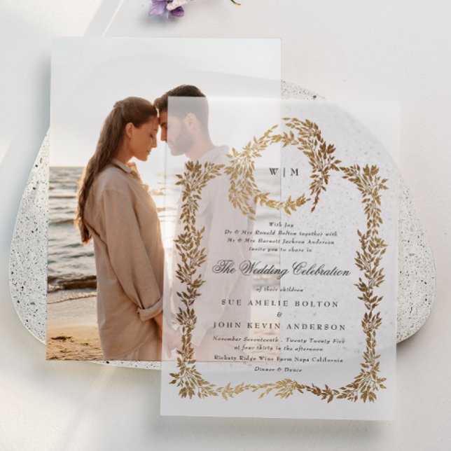 Classic Monogram Elegant Gold Crest Wreath Wedding Vellum Invitations (Creator Uploaded)