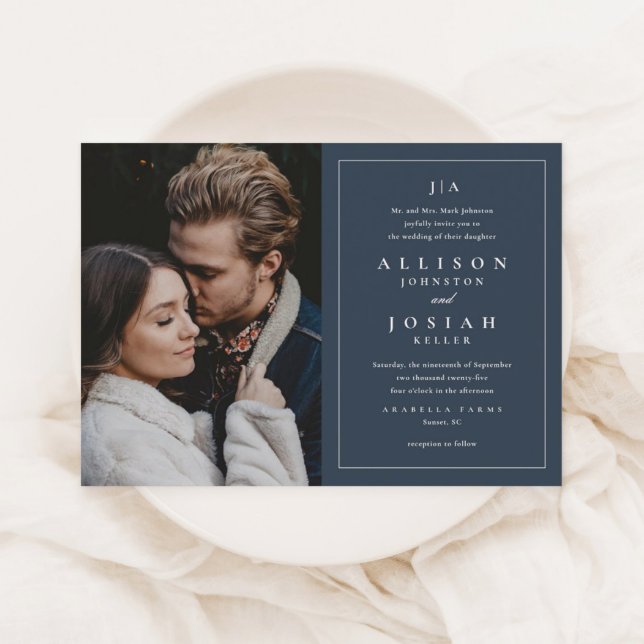 Classic Monogram Elegant Photo Wedding Invitation (An elegant navy blue photo wedding invitation with classic white typography and minimal frame.)