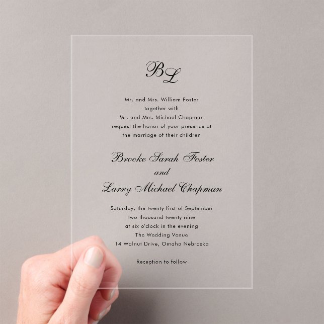 Classic Monogram Elegant Wedding Acrylic Invitations (Insitu (Handheld))