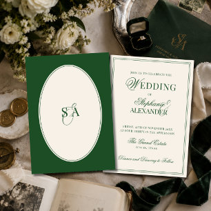 Classic Monogram Emerald Green Old Money Wedding Invitation