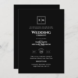 Classic Monogram Formal Wedding Black All in 1  Invitation
