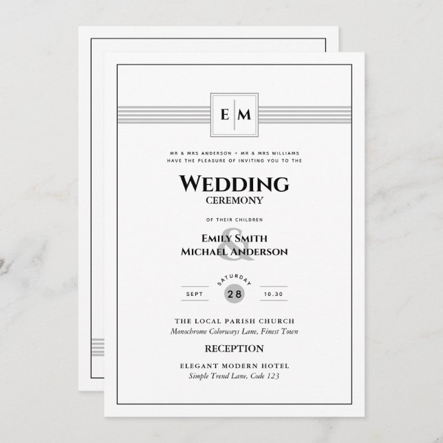 Classic Monogram Formal Wedding White All in 1 Inv Invitation (Front/Back)