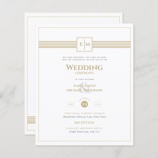 Classic Monogram Formal Wedding White Gold Invite (Front/Back)