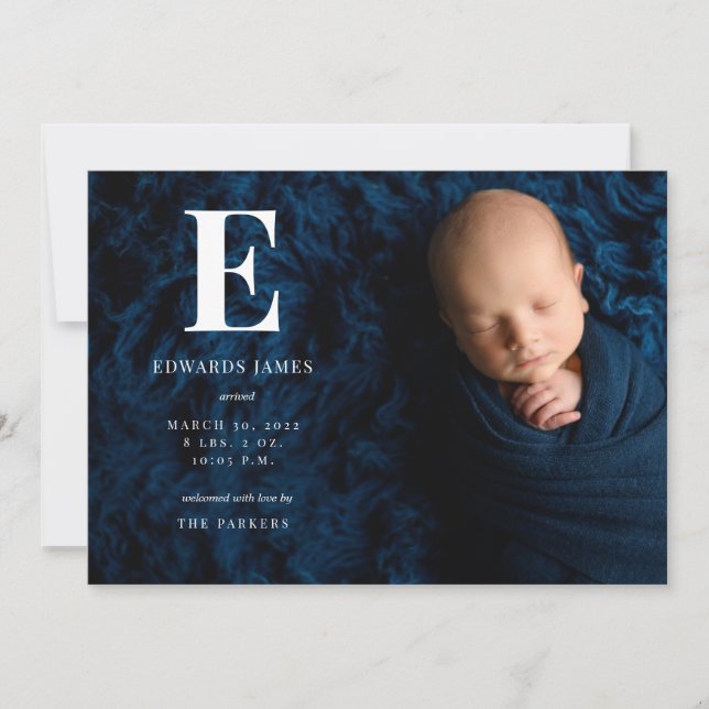 Classic Monogram Full Photo Newborn Baby Birth Announcement (Front)