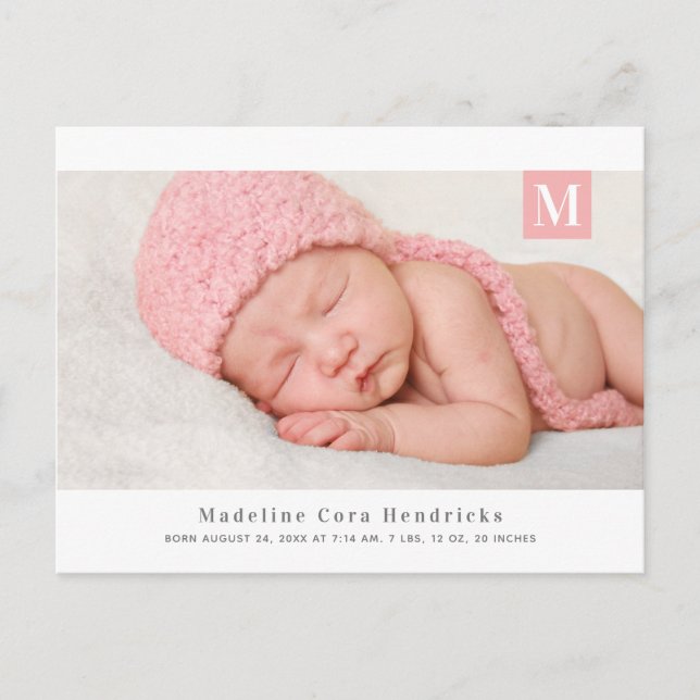 Classic Monogram Girls Birth Announcement Postcard (Front)