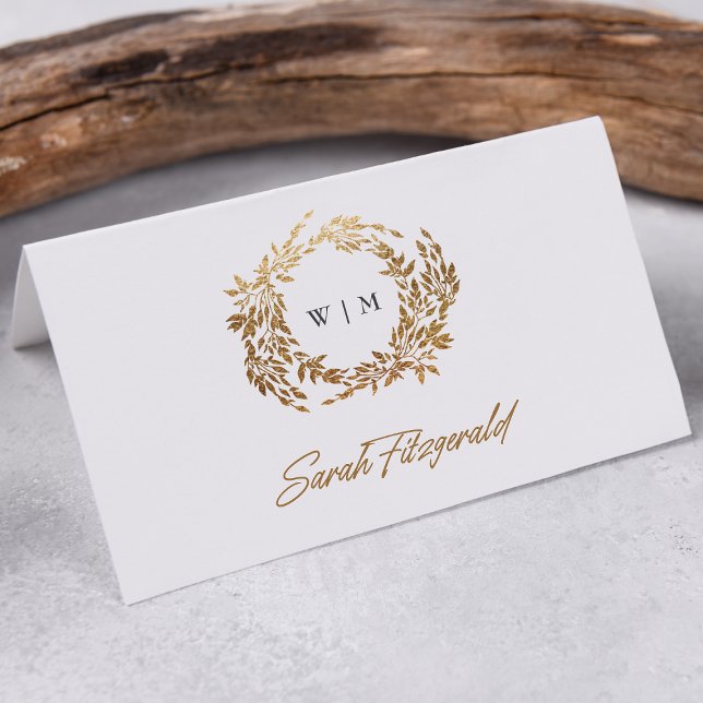 Classic Monogram Gold Crest Elegant Wedding Guest Place Card (Creator Uploaded)