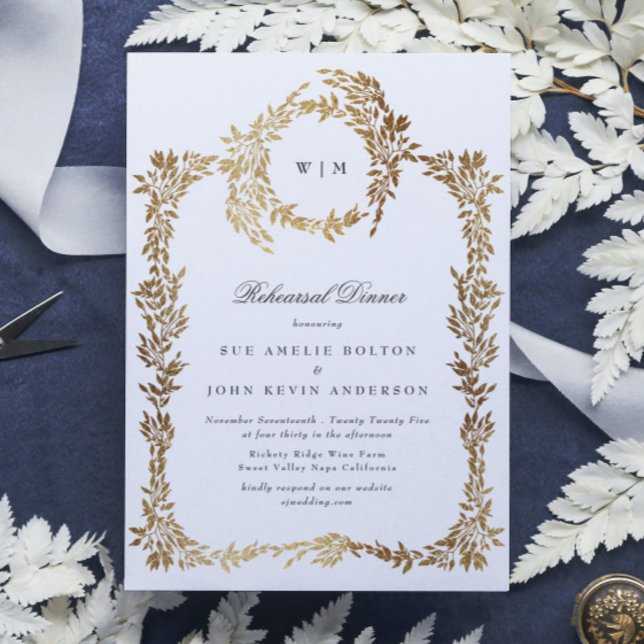 Classic Monogram Gold Crest Rehearsal Dinner Invitation (Creator Uploaded)