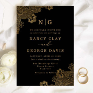 Classic Monogram Gold Lace Ornate Black Wedding Invitation