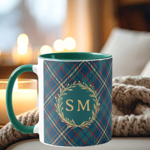 Classic Monogram Gold Wreath Green Tartan Plaid Mug