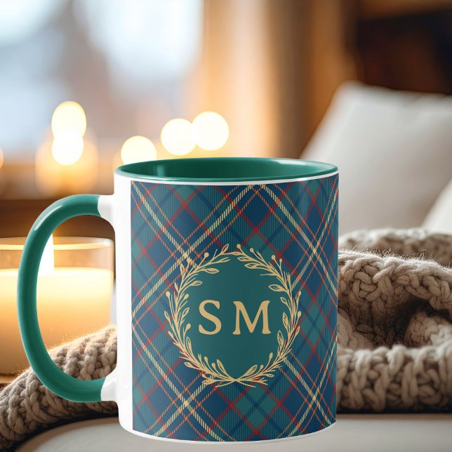 Classic Monogram Gold Wreath Green Tartan Plaid Mug (Creator Uploaded)
