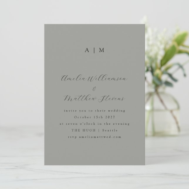 Classic Monogram Grey and Black Script Wedding Invitation (Standing Front)