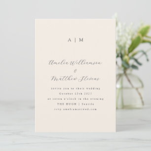 Classic Monogram Ivory Black Script Wedding Invitation