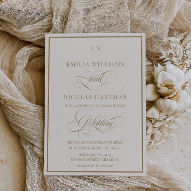 Classic Monogram Ivory Gold Wedding Invitation (Creator Uploaded)