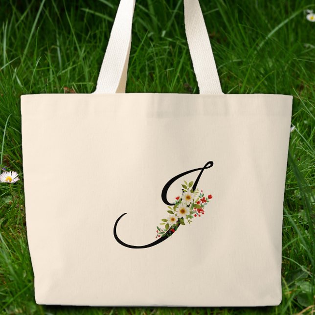 Classic monogram J red white flower mother gift Large Tote Bag (Creator Uploaded)