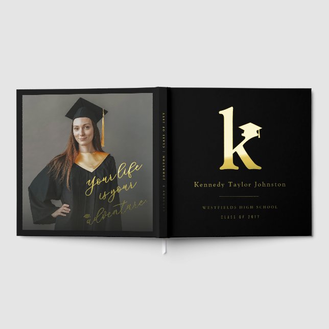 Classic Monogram K And Graduation Cap Grad Party Guest Book (Full)