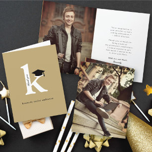 Classic Monogram K Graduation Cap Photo Modern Thank You Card