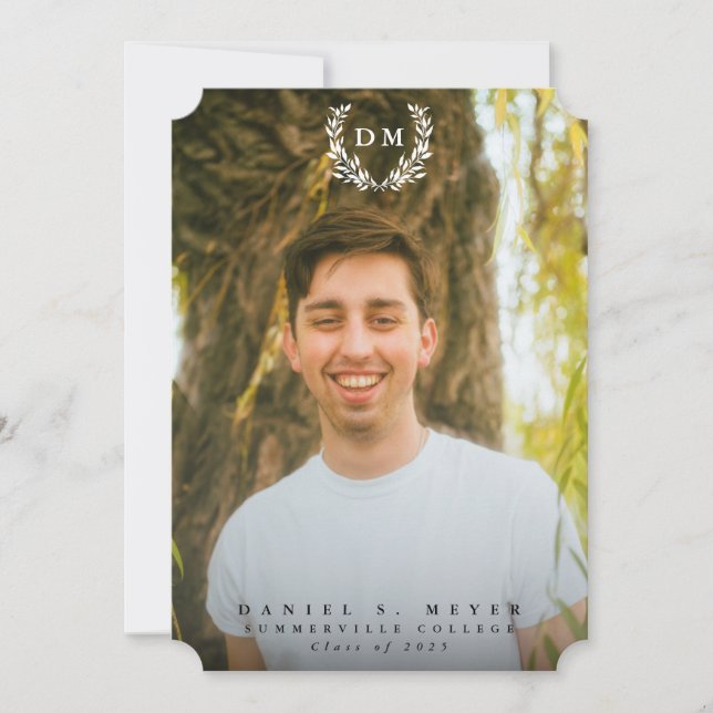 Classic Monogram/Laurel Wreath 2 Photo Graduation Announcement (Front)